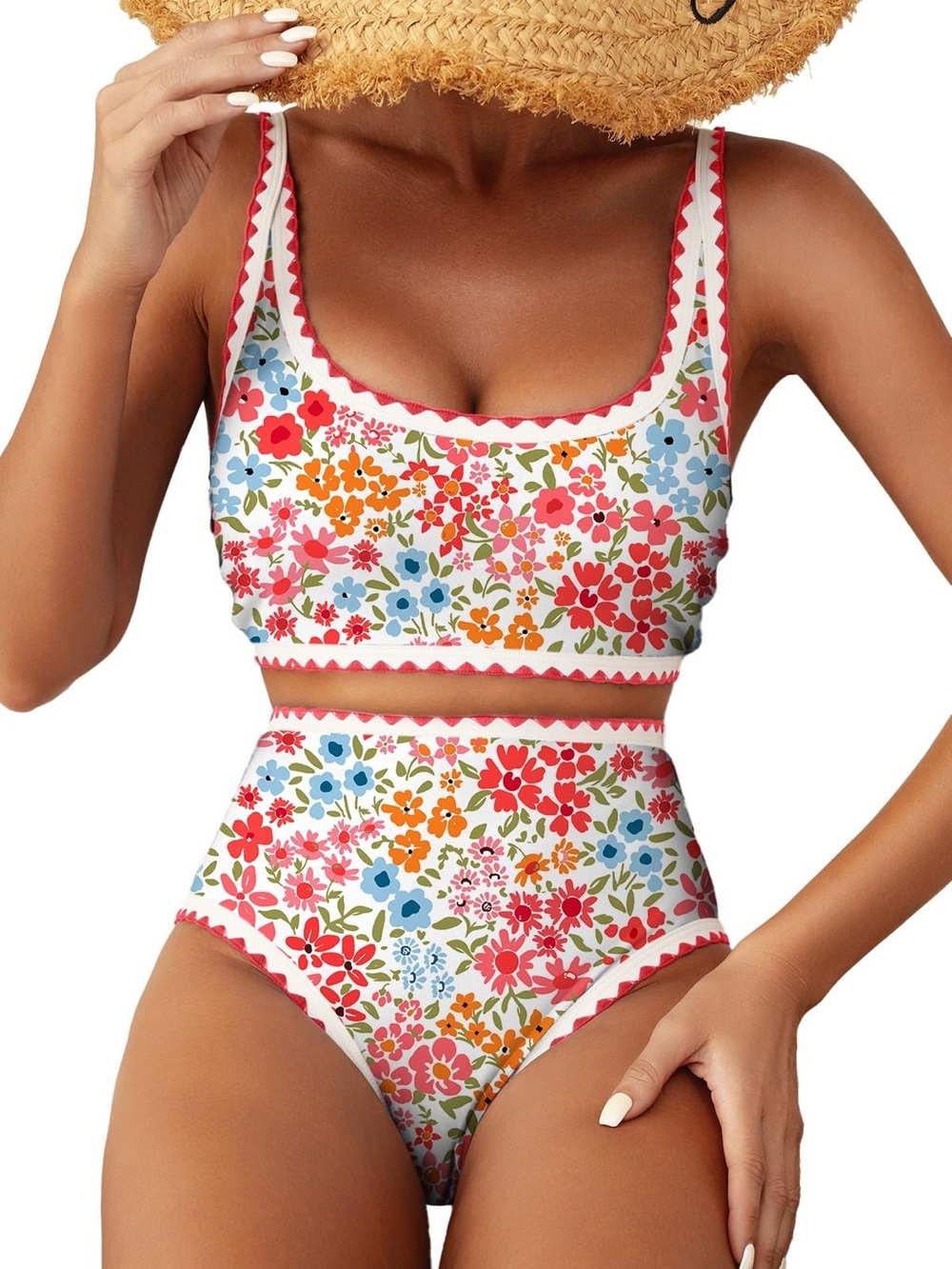 Floral High-Waist Bikini Set — White Base with Multicolor Flowers